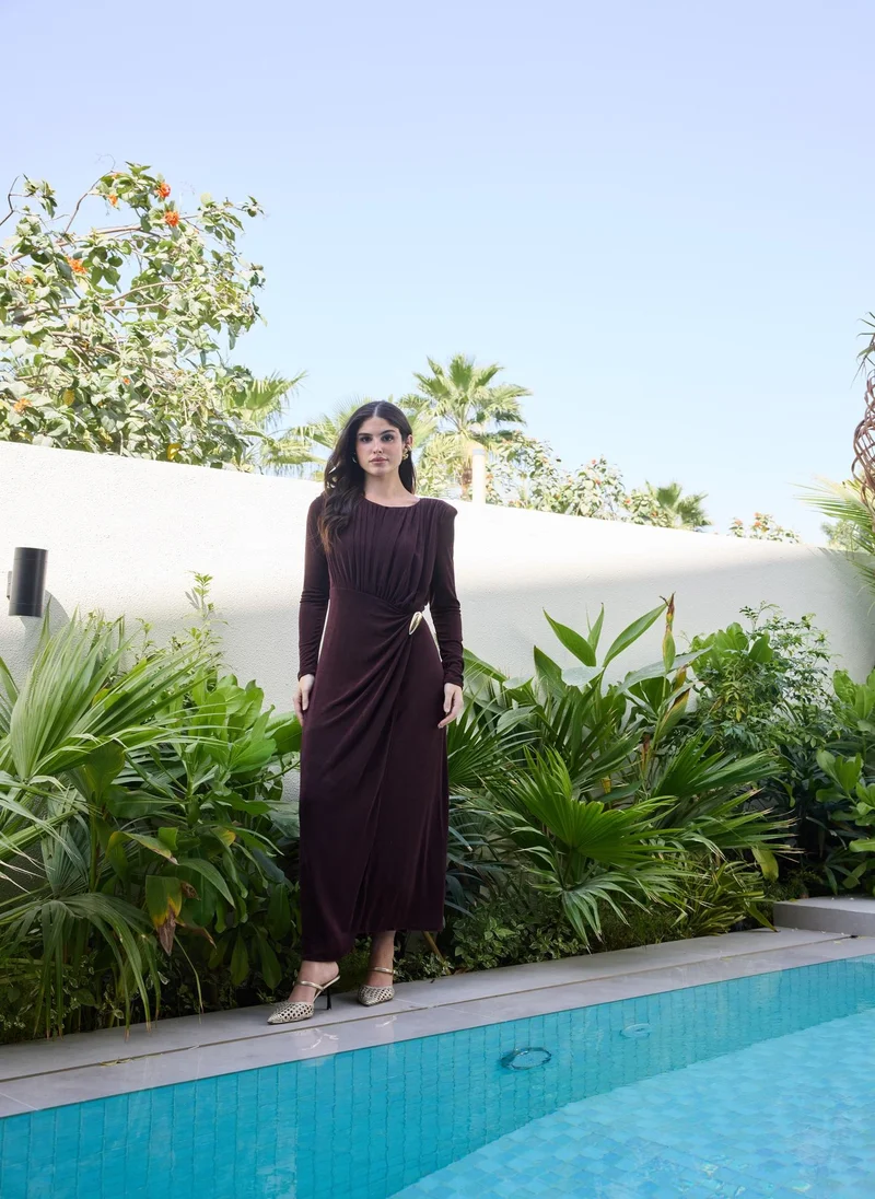 Ashita Fernandes Ruched Draped Column Dress – Chocolate Brown