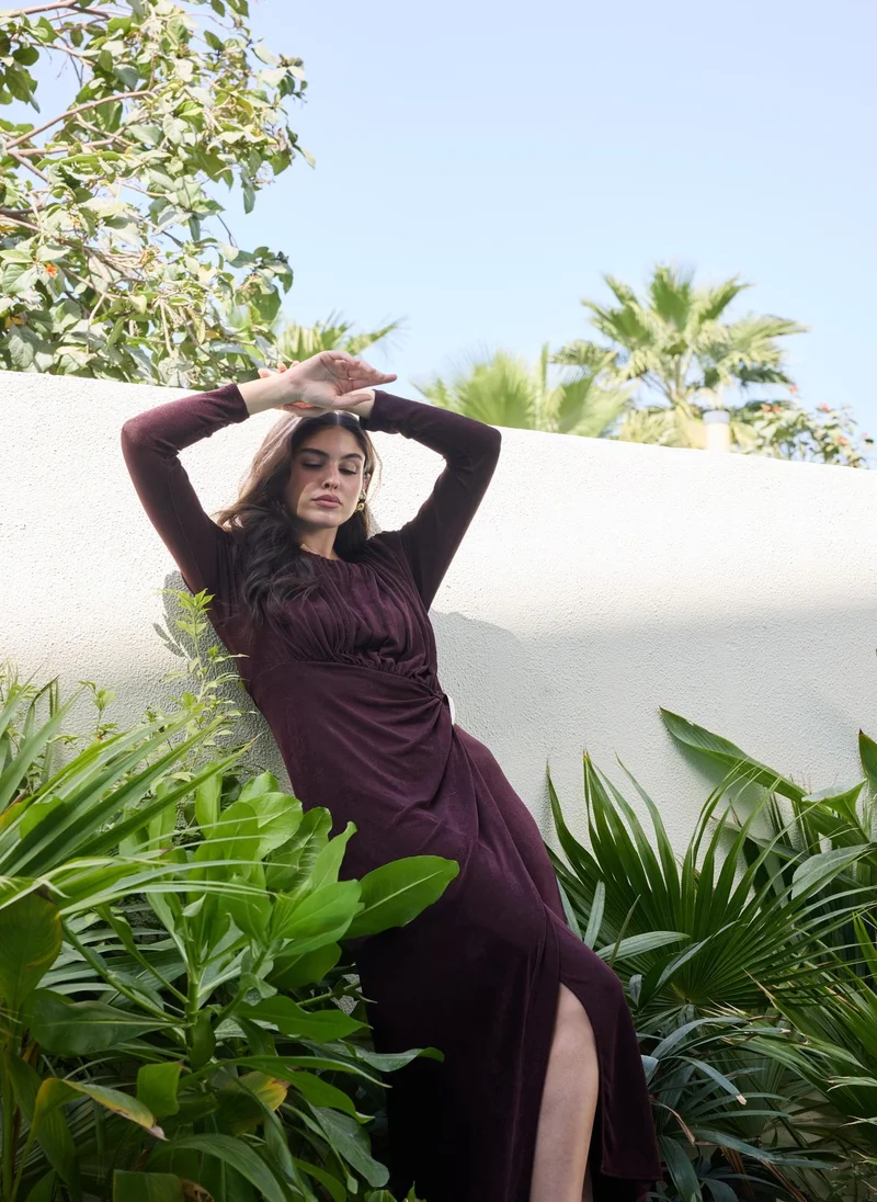 Ashita Fernandes Ruched Draped Column Dress – Chocolate Brown