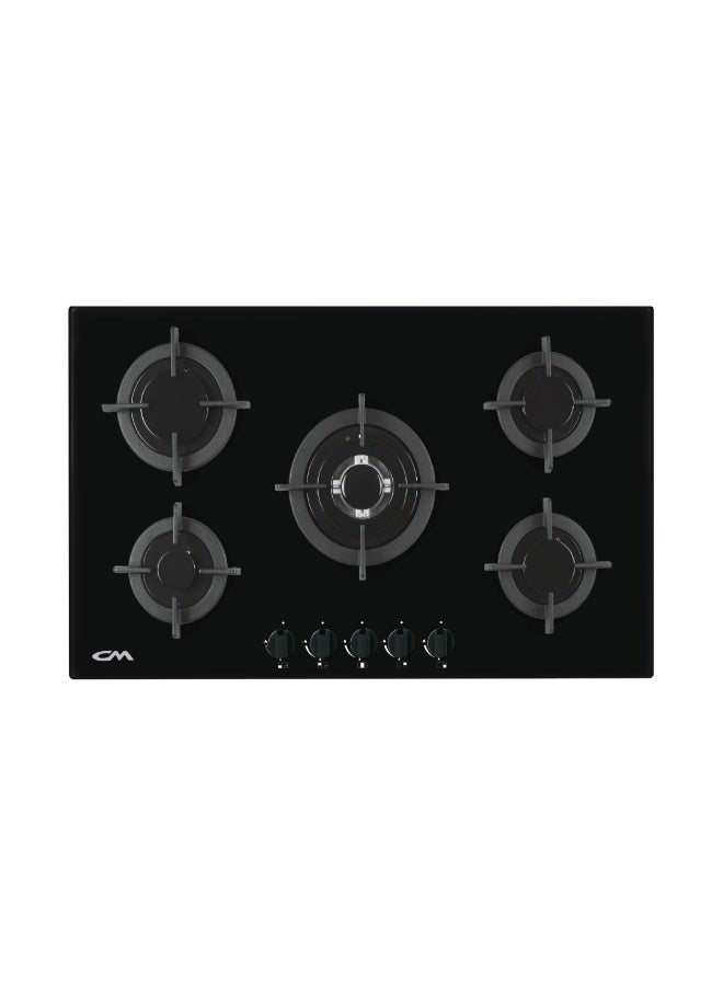 CM CRYSTAL 90cm Gas On Glass Hob – 5 Burner Black Glass Cooktop with Cast Iron Pan Supports, Electronic Ignition & Flame Safety Device - Image 1