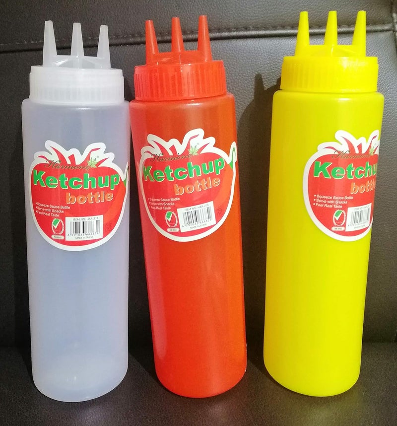 Harmony Har-217 Ketchup Bottle Set - 16 Oz (Three Hole) in White, Yellow & Red - Image 1