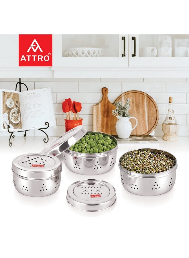 ATTRO دبّة أتو من الفولاذ المقاوم للصدأ مع تهوية، حاويات تخزين الطعام، بوري، كزبرة، صانع براعم، مكسرات، شوكولاتة، مجموعة من 3 - فضي - Image 3