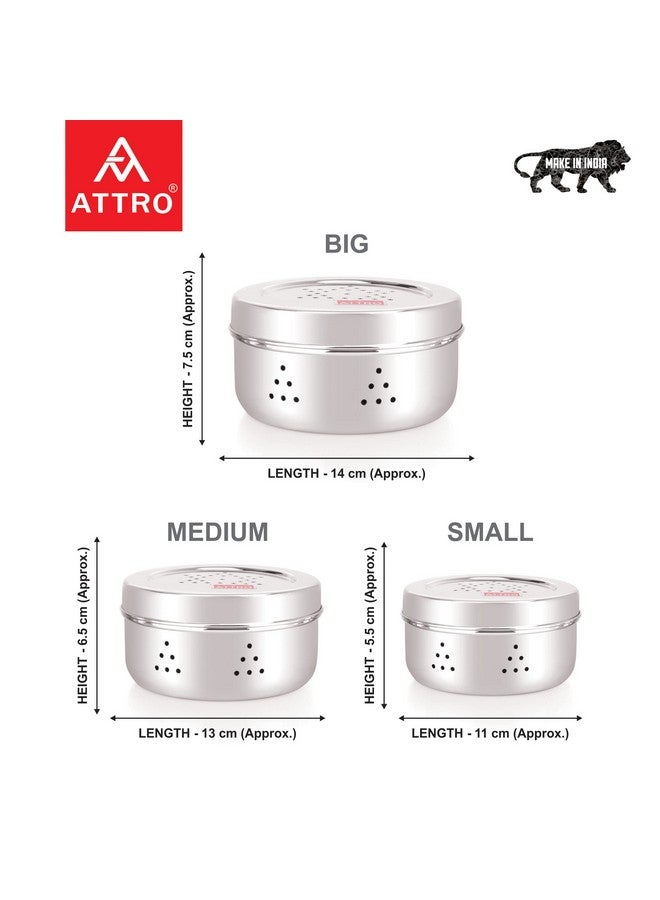 ATTRO دبّة أتو من الفولاذ المقاوم للصدأ مع تهوية، حاويات تخزين الطعام، بوري، كزبرة، صانع براعم، مكسرات، شوكولاتة، مجموعة من 3 - فضي - Image 5