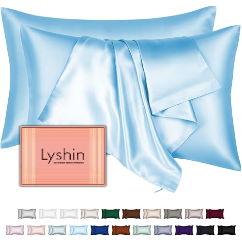 LYSHIN Silk Pillow Cases 2 Pack Standard Size with Hidden Zipper, Mulberry Silk Pillowcase for Hair and Skin, Smooth and Soft Breathable Cooling Silk Satin Pillowcase Set of 2, Gifts for Women，Sky Blue - Image 1