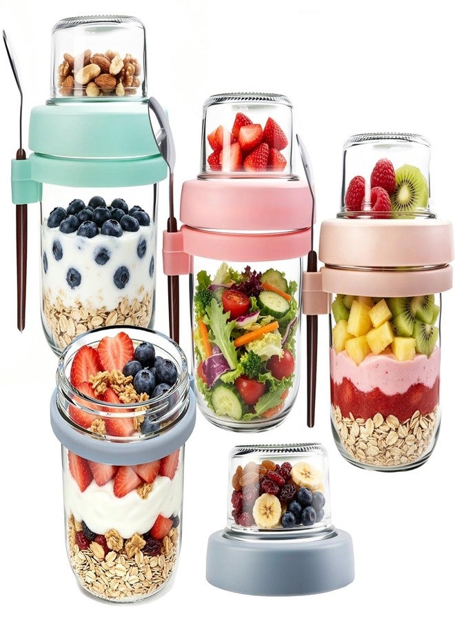 PFUM Overnight Oats Jars with Spoon and Lid 16+4 oz [4 Pack], Airtight Oatmeal Container with Leak-proof Meal Prep Containers Dry and Wet Separation Mason Jars with Lid for Cereal - Image 1