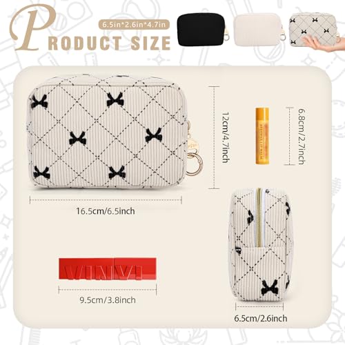 Playexen Small Makeup Bag for Purse, Corduroy Small Cosmetic Bag with Ring Buckle & Inner Pockets, Portable Bow Toiletry Makeup Pouch Purse for Travel Daily Use (Beige) - Image 2