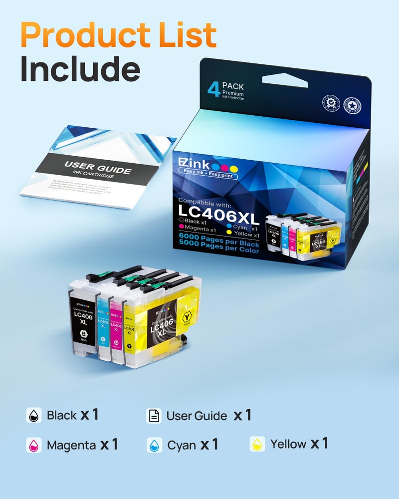 E-Z Ink LC406XL LC406 Ink Cartridges for Brother Printer Replacement for LC406 XL LC406XL for Brother MFC-J4335DW MFC-J5855DW MFC-J6555DW MFC-J4535DW MFC-J6955DW MFC-J4345D XL MFC-J5955DW (4 Pack) - Image 5