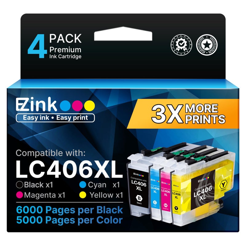 E-Z Ink LC406XL LC406 Ink Cartridges for Brother Printer Replacement for LC406 XL LC406XL for Brother MFC-J4335DW MFC-J5855DW MFC-J6555DW MFC-J4535DW MFC-J6955DW MFC-J4345D XL MFC-J5955DW (4 Pack) - Image 1