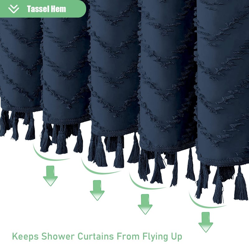 Dynamene Extra Long Shower Curtains  84 Inches Long Boho Tufted Chevron Striped Fabric Shower Curtains for Bathroom  Tall Minimalist Waterproof Cloth Shower Curtain Set with Hook  Navy Blue  72x84 - Image 3