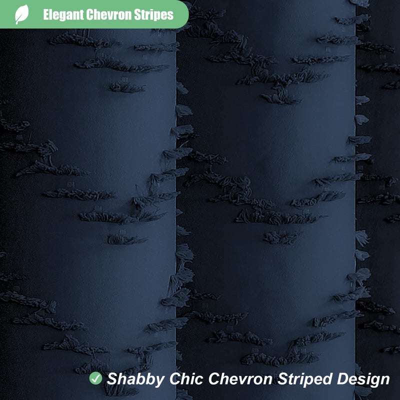 Dynamene Extra Long Shower Curtains  84 Inches Long Boho Tufted Chevron Striped Fabric Shower Curtains for Bathroom  Tall Minimalist Waterproof Cloth Shower Curtain Set with Hook  Navy Blue  72x84 - Image 1
