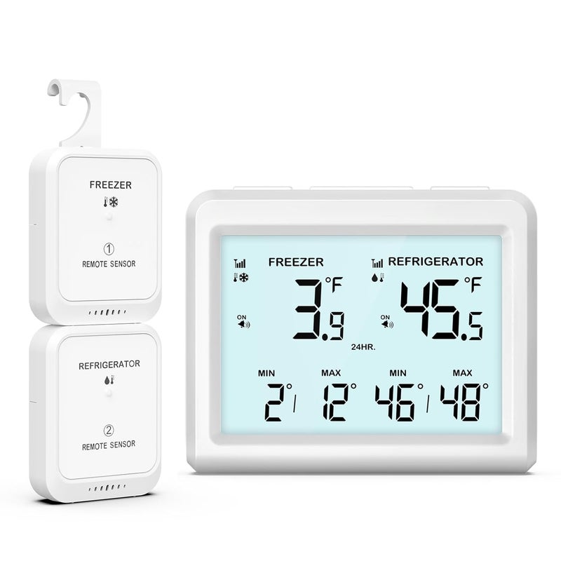 OQIMAX Digital Refrigerator Thermometer - 3.7 inch LCD Backlight Freezer Thermometer with 2 Sensors, Digital Fridge and Freezer Thermometer with Alarm, Max/Min Records, for Homes Restaurants Cellars - Image 1