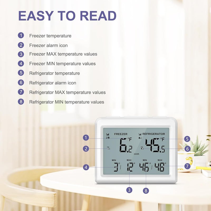 OQIMAX Digital Refrigerator Thermometer - 3.7 inch LCD Backlight Freezer Thermometer with 2 Sensors, Digital Fridge and Freezer Thermometer with Alarm, Max/Min Records, for Homes Restaurants Cellars - Image 3