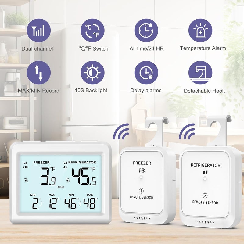 OQIMAX Digital Refrigerator Thermometer - 3.7 inch LCD Backlight Freezer Thermometer with 2 Sensors, Digital Fridge and Freezer Thermometer with Alarm, Max/Min Records, for Homes Restaurants Cellars - Image 2