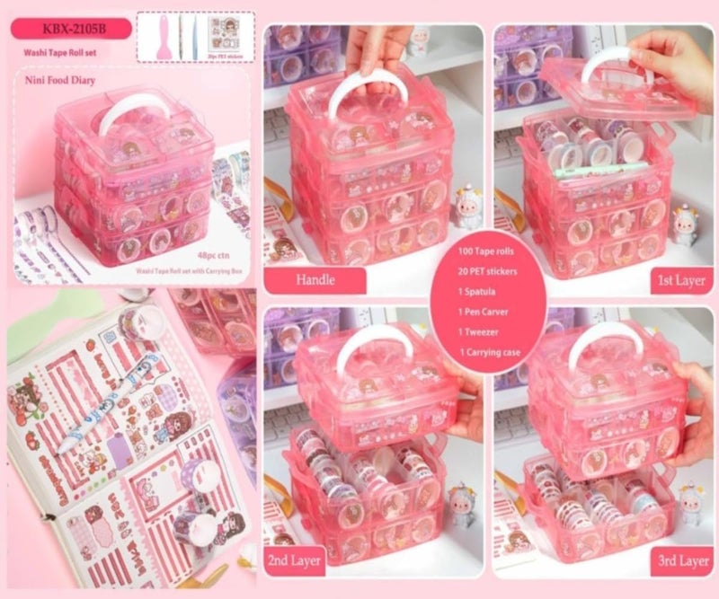 CLOSAL ® Washi Tape Set for Designer Decorative Tapes, Washi Tape Gift Packing Tape Masking Tapes with 20 Pcs Kawaii Stickers, Tweezer, Pen and Spatula in Layer Box, Tapes for Art and Craft (Pink) - Image 2