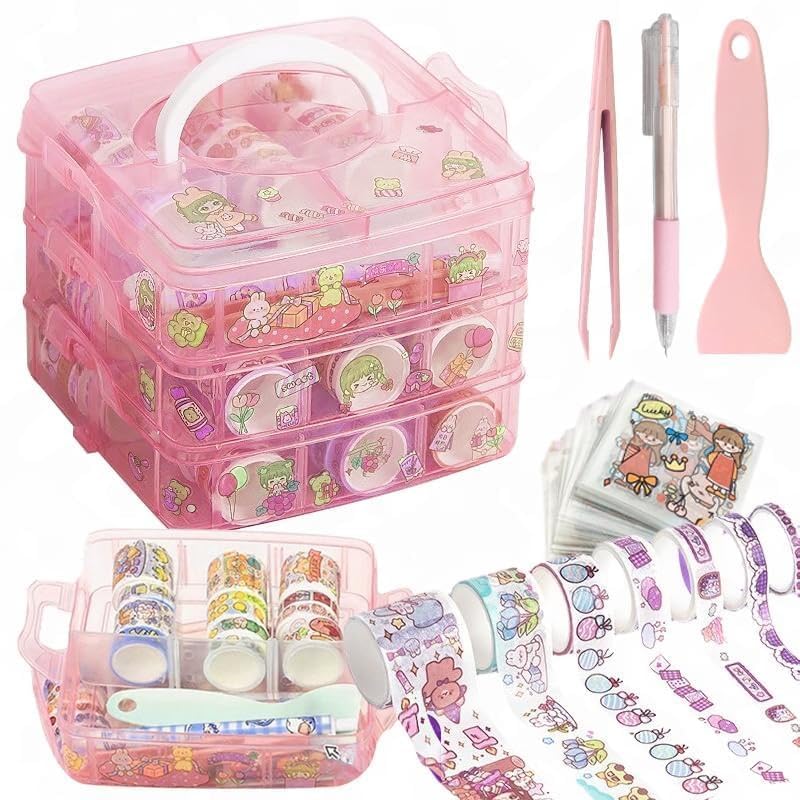 CLOSAL ® Washi Tape Set for Designer Decorative Tapes, Washi Tape Gift Packing Tape Masking Tapes with 20 Pcs Kawaii Stickers, Tweezer, Pen and Spatula in Layer Box, Tapes for Art and Craft (Pink) - Image 1