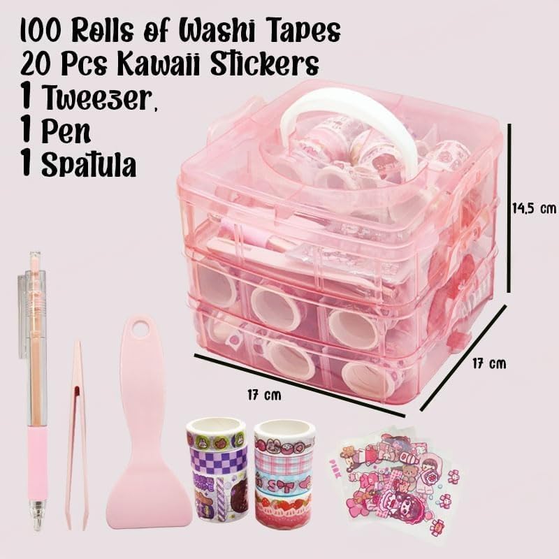 CLOSAL ® Washi Tape Set for Designer Decorative Tapes, Washi Tape Gift Packing Tape Masking Tapes with 20 Pcs Kawaii Stickers, Tweezer, Pen and Spatula in Layer Box, Tapes for Art and Craft (Pink) - Image 3