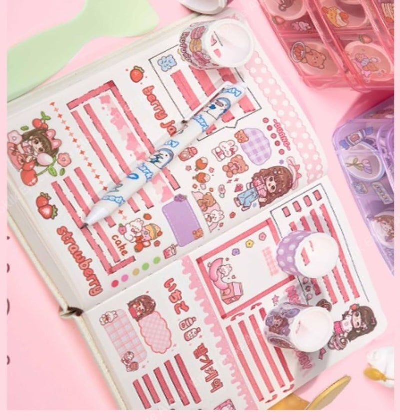 CLOSAL ® Washi Tape Set for Designer Decorative Tapes, Washi Tape Gift Packing Tape Masking Tapes with 20 Pcs Kawaii Stickers, Tweezer, Pen and Spatula in Layer Box, Tapes for Art and Craft (Pink) - Image 4