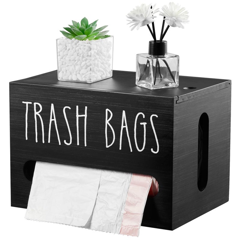 DRASTAR Trash Bag Dispenser Large Wooden Trash Bag Holder Wall Mount Black Roll Holder for for 13gallon Plastic Garbage Bags Dispenser Countertop Under Kitchen Sink Organization