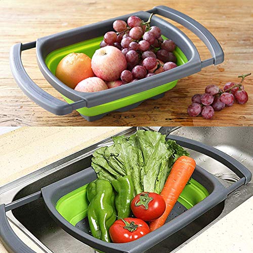 ZIZLY Kitchen Collapsible Vegetable/Fruit Colander Strainer Over The Sink with Extendable Handles, Folding Strainer, Drying Rack Basket for Drainer Vegetable Basket, Multicolour, Pack of 1, Silicone - Image 2