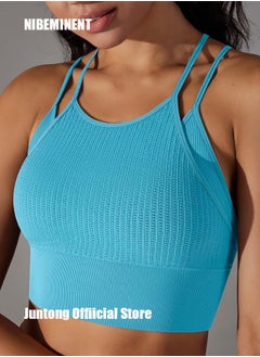 NIBEMINENT Women's Tank Top Knitted Thread Double Layer Yoga Tank Top Sports Running Fitness Beauty Back Yoga Suit Blue  - Image 4