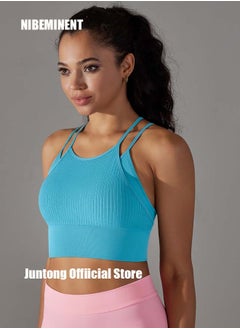 NIBEMINENT Women's Tank Top Knitted Thread Double Layer Yoga Tank Top Sports Running Fitness Beauty Back Yoga Suit Blue  - Image 2