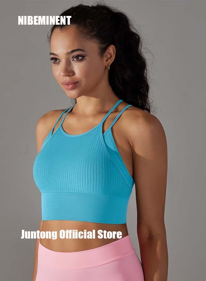 NIBEMINENT Women's Tank Top Knitted Thread Double Layer Yoga Tank Top Sports Running Fitness Beauty Back Yoga Suit Blue  - Image 2