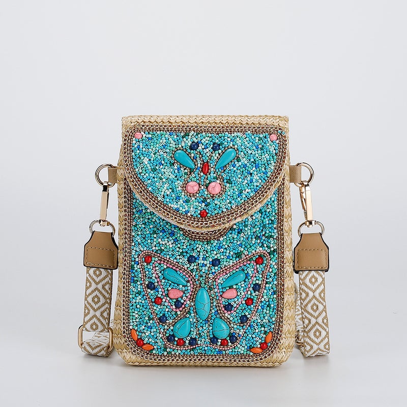 Premium Straw Crossbody Bag for Women, Beaded Phone Bag - Image 1