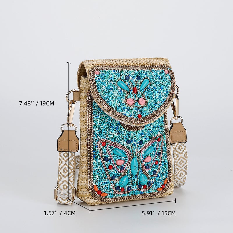 Premium Straw Crossbody Bag for Women, Beaded Phone Bag - Image 2