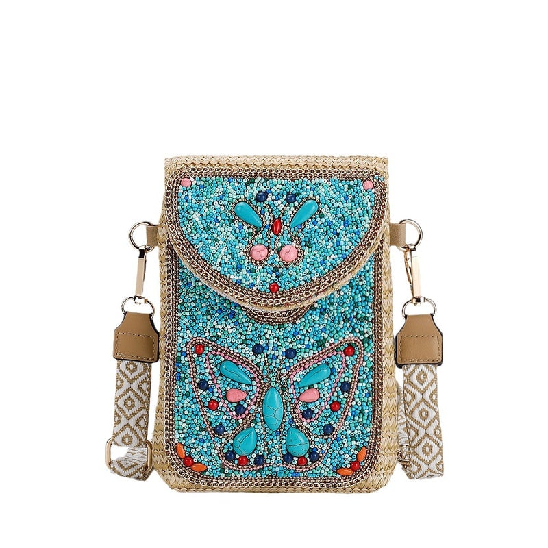 Premium Straw Crossbody Bag for Women, Beaded Phone Bag - Image 5