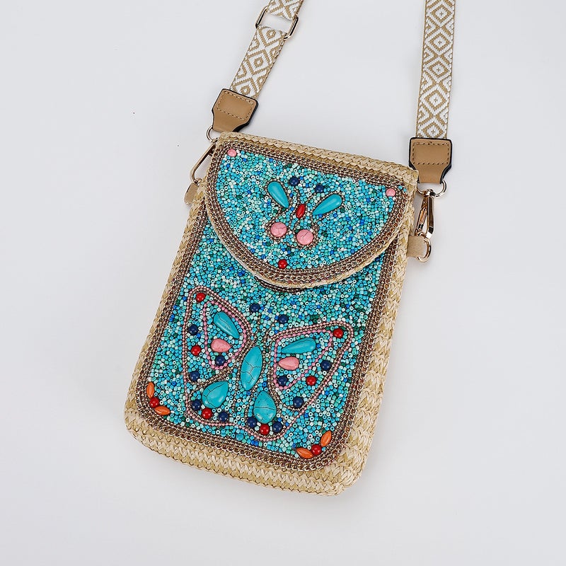 Premium Straw Crossbody Bag for Women, Beaded Phone Bag - Image 4