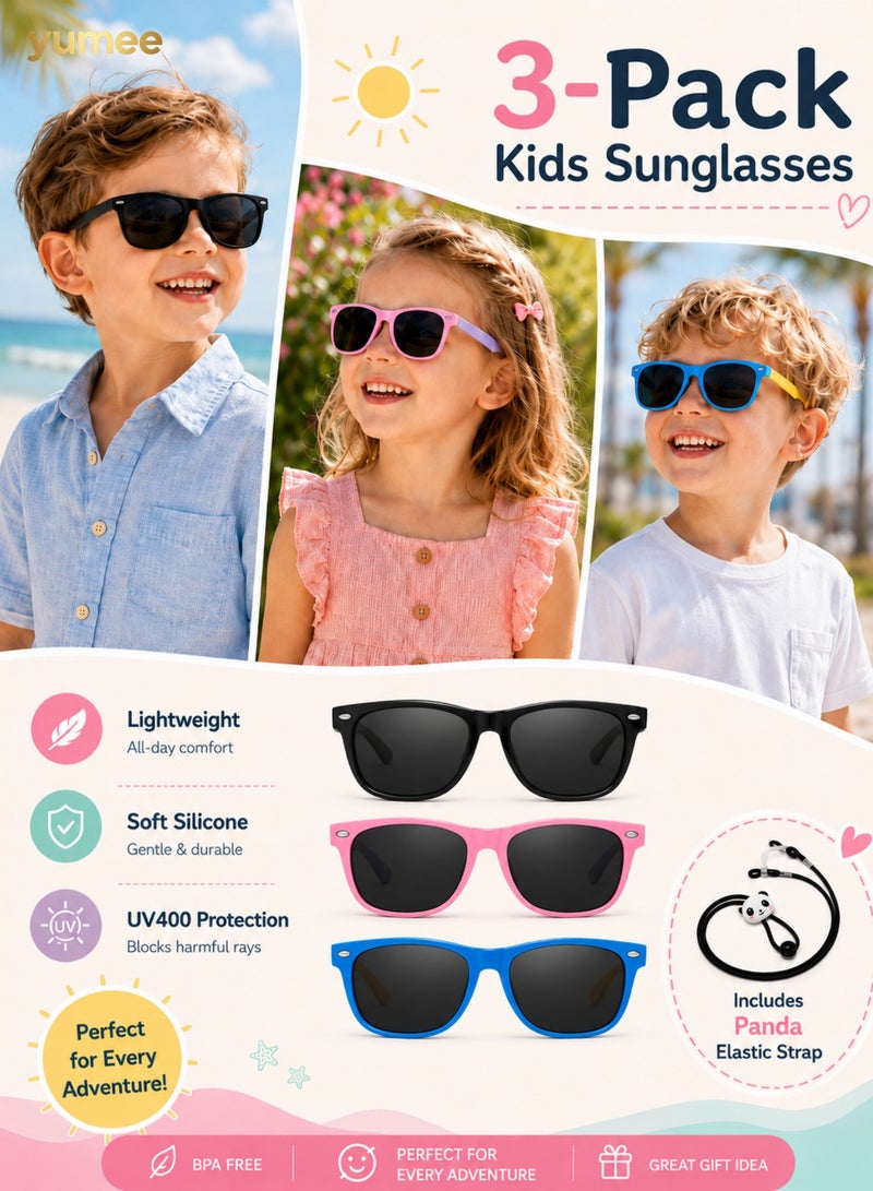 yumee 3 PCS Kids Polarized Sunglasses for Boys Girls, Bendable Flexible Rubber Frame Toddler Sunglasses, UV Protection Children Sunglasses, Black Pink Blue Color Set - Image 1