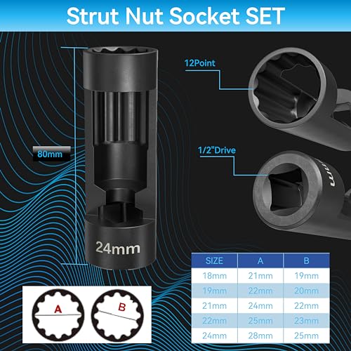 YSSNIUTOOL Suspension Strut Socket Tool5PC Strut Nut Socket 18mm 19mm 21mm 22mm 24mm with 12 Point 12 Drive Easy Remove Strut Nuts - Image 3