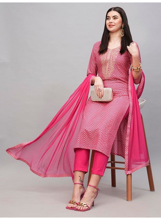 آني ديزاينر قميص كورتا نسائي من مزيج القطن مطبوع بشكل مستقيم مع بنطلون ووشاح من ANNI DESIGNER (DMPL RANI_M_Pink_Medium) - Image 3