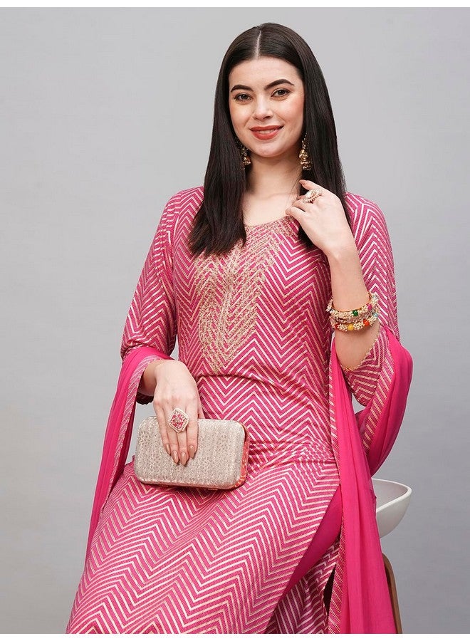 آني ديزاينر قميص كورتا نسائي من مزيج القطن مطبوع بشكل مستقيم مع بنطلون ووشاح من ANNI DESIGNER (DMPL RANI_M_Pink_Medium) - Image 2