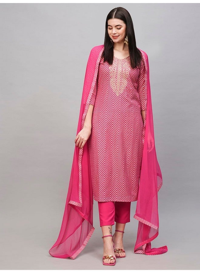 آني ديزاينر قميص كورتا نسائي من مزيج القطن مطبوع بشكل مستقيم مع بنطلون ووشاح من ANNI DESIGNER (DMPL RANI_M_Pink_Medium) - Image 5