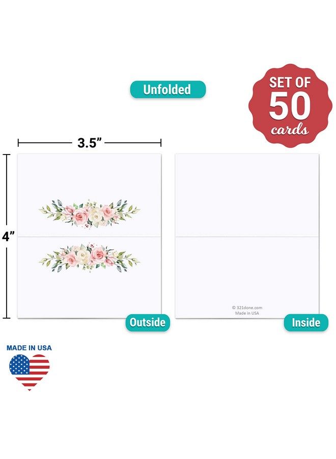 321Done Pink Roses Place Cards White (50 Folding Cards) Small 3.5X2 Made In The Usa Name Seating Table Cards For Wedding Dinner Party Buffet Shower Spring Flowers Design On Thick Tent Cards - Image 3