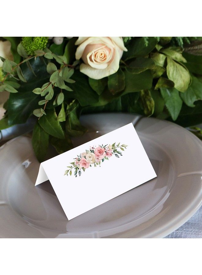 321Done Pink Roses Place Cards White (50 Folding Cards) Small 3.5X2 Made In The Usa Name Seating Table Cards For Wedding Dinner Party Buffet Shower Spring Flowers Design On Thick Tent Cards - Image 4