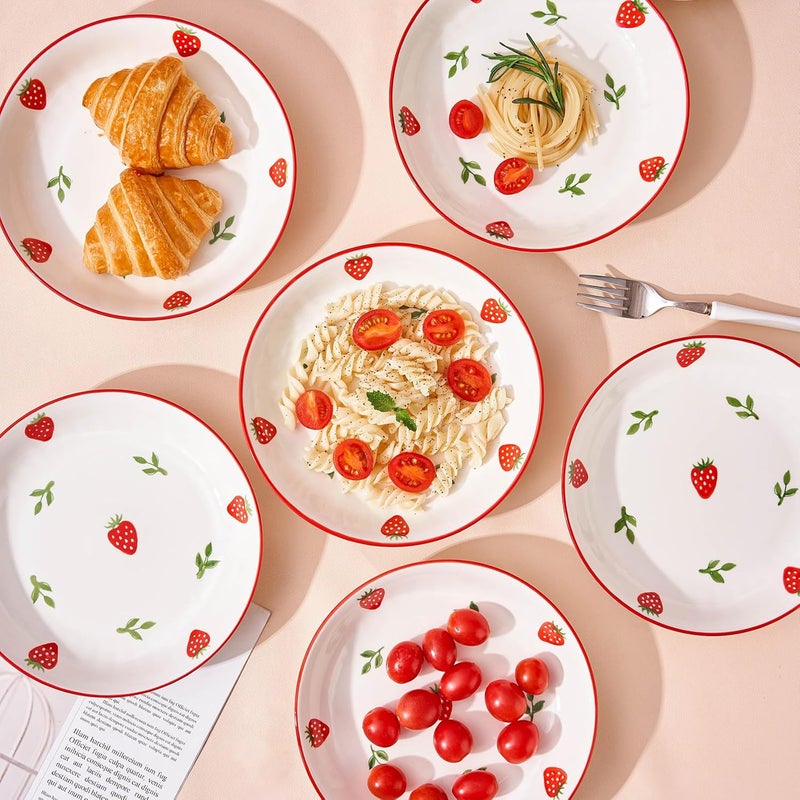 CHILDIKE Porcelain Bowls Set Strawberry 8 Inch Pasta Bowls Set of 6 Salad Bowls 17 OZ - Image 5