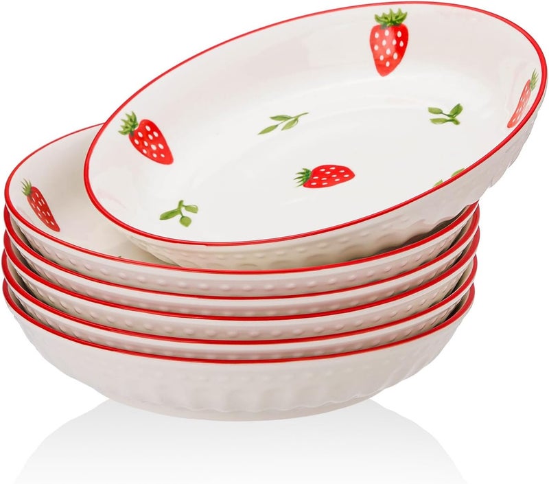 CHILDIKE Porcelain Bowls Set Strawberry 8 Inch Pasta Bowls Set of 6 Salad Bowls 17 OZ - Image 1