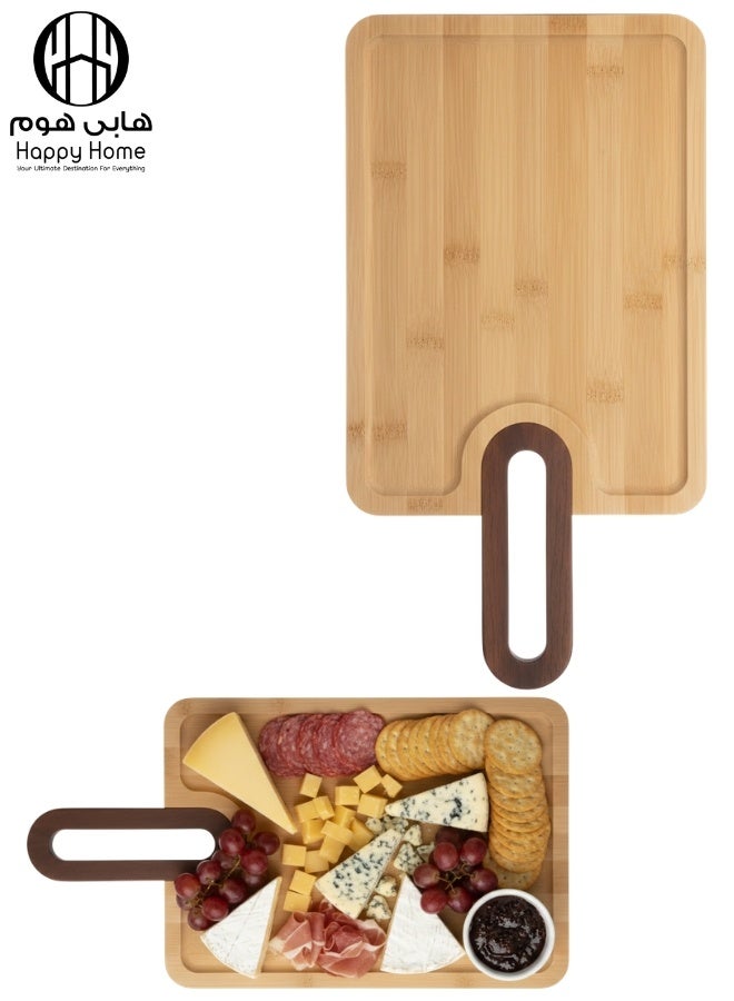 هابي هوم صينية تقديم خشبية من الخيزران مع مقبض عملي | صينية تقديم للمقبلات، البيتزا، الجبن والفواكه | صينية طبيعية صديقة للبيئة للاستخدام اليومي والمناسبات | تصميم عصري أنيق للمائدة 38*20سم - Image 1