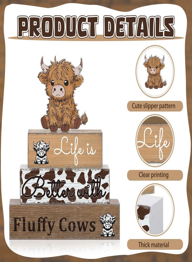 Geelin 4 Pcs Highland Cow Table Decorations Cow Wooden Signs Rustic Tiered Tray Decor Western Tabletop Centerpieces Farmhouse Highland Decor for Home Desk Room Kitchen Shelf - Image 5