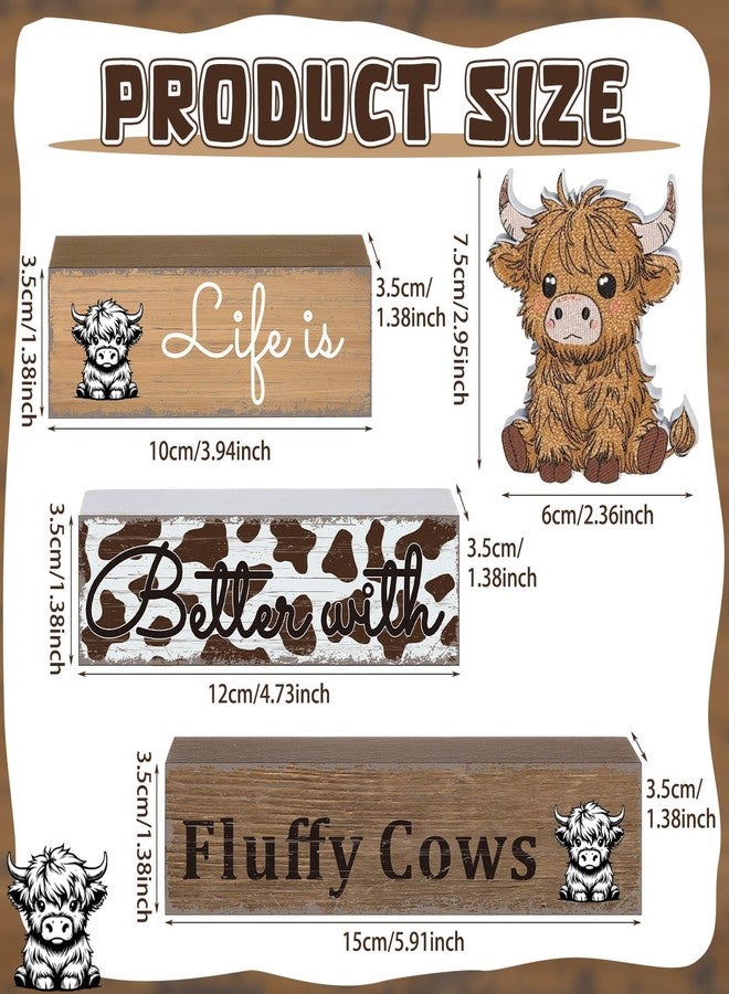 Geelin 4 Pcs Highland Cow Table Decorations Cow Wooden Signs Rustic Tiered Tray Decor Western Tabletop Centerpieces Farmhouse Highland Decor for Home Desk Room Kitchen Shelf - Image 3