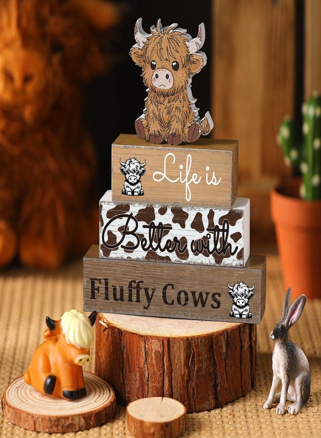 Geelin 4 Pcs Highland Cow Table Decorations Cow Wooden Signs Rustic Tiered Tray Decor Western Tabletop Centerpieces Farmhouse Highland Decor for Home Desk Room Kitchen Shelf - Image 4