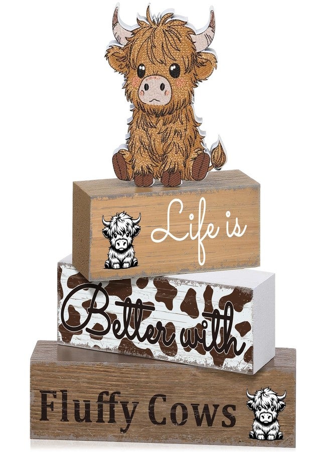 Geelin 4 Pcs Highland Cow Table Decorations Cow Wooden Signs Rustic Tiered Tray Decor Western Tabletop Centerpieces Farmhouse Highland Decor for Home Desk Room Kitchen Shelf - Image 1