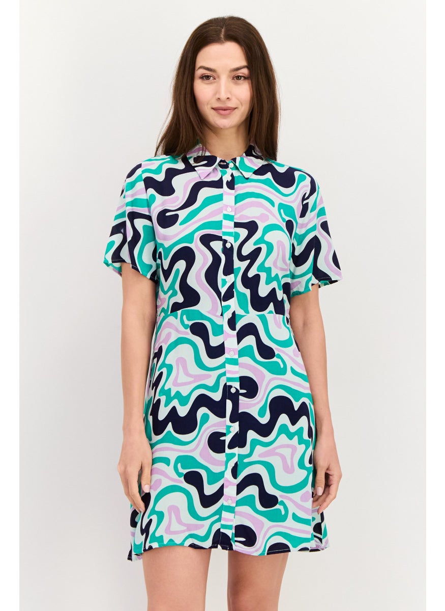 PIECES Women All Over Print Mini Shirt Dress, Green  - Image 1