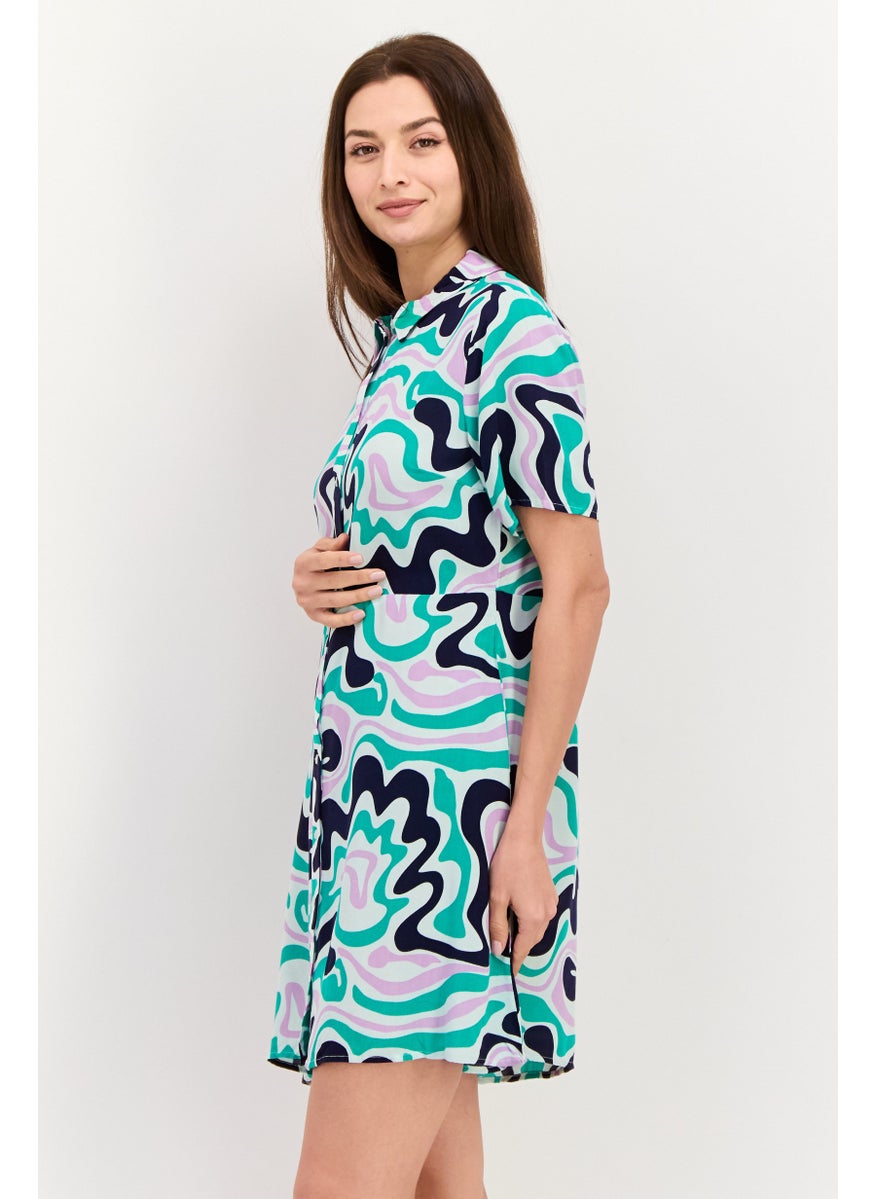 PIECES Women All Over Print Mini Shirt Dress, Green  - Image 3