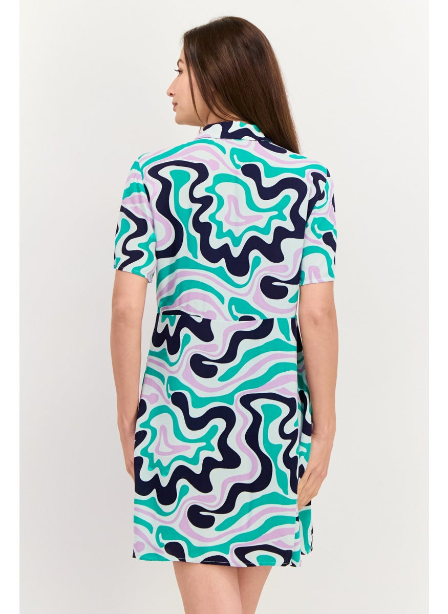 PIECES Women All Over Print Mini Shirt Dress, Green  - Image 4