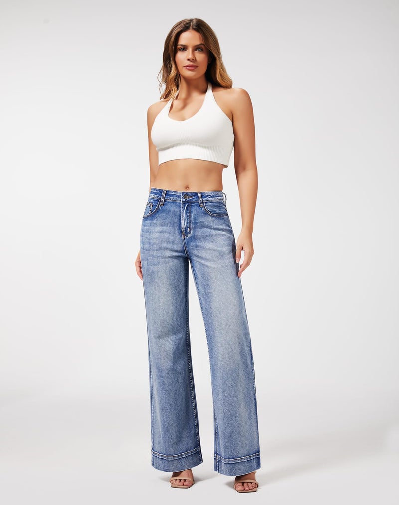 roswear Women's Wide Leg Jeans Casual High Waisted Stretchy Baggy Loose Long Trouser Jeans Light Blue Medium - Image 3