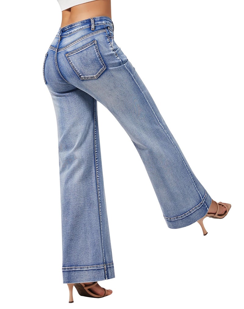 roswear Women's Wide Leg Jeans Casual High Waisted Stretchy Baggy Loose Long Trouser Jeans Light Blue Medium - Image 5