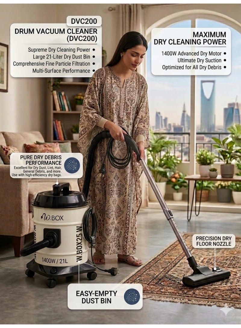 دبليو بوكس مكنسة كهربائية أسطوانية سعة 21 لترًا بقوة 1400 واط، لون أبيض كريمي كلاسيكي | RM-DVC21A - Image 3