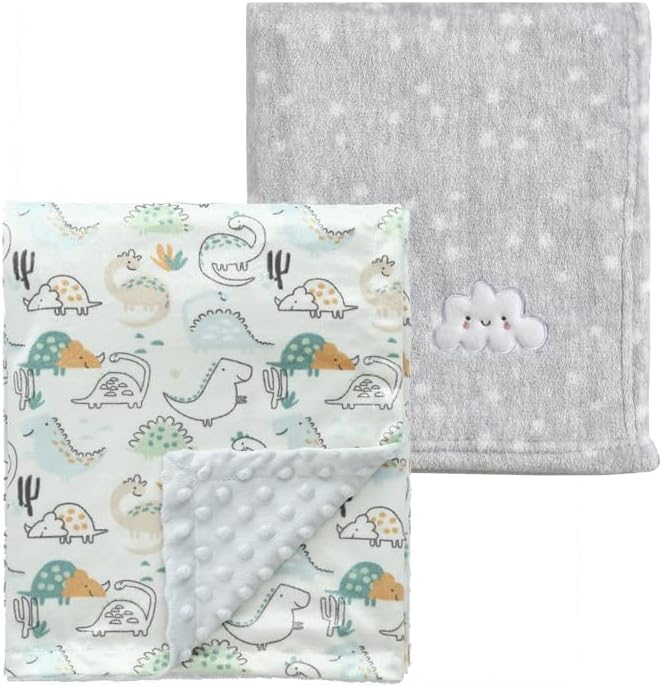 CREVENT 2Pcs 30''X40'' Cute Cozy Fluffy Warm Baby Blankets for Infants Toddlers' Bedding Crib Cot Stroller - Grey Cloud + Minky Dinosaur - Image 1
